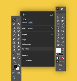 Interface de software de design gráfico com ferramentas abertas, representando os serviços de criação e design da Birdclick.