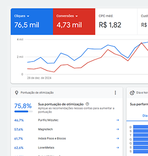 Tela com dashboard de anúncios do Google, exibindo métricas e gráficos de desempenho, representando tráfego pago gerenciado pela Birdclick.