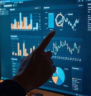 Tela com dashboards e gráficos de dados, representando o serviço de análise de dados e web analytics da Birdclick.