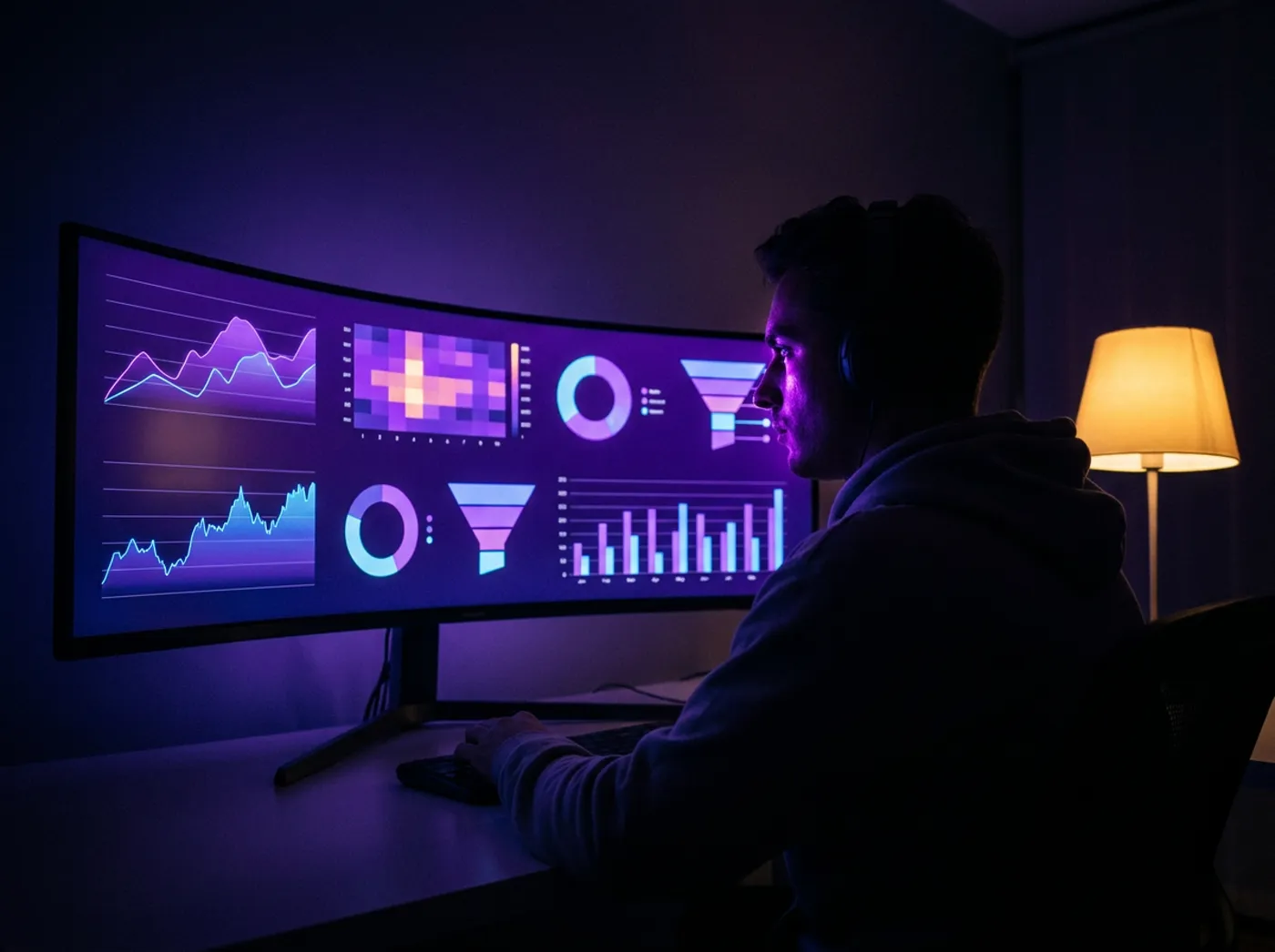 Tela com dashboards e gráficos de dados, representando o serviço de análise de dados e web analytics da Birdclick.