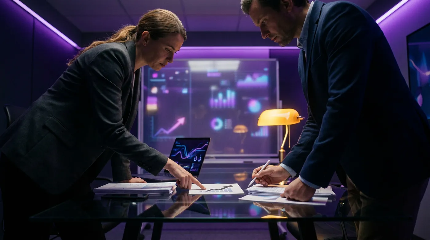 Profissionais analisando gráficos, laptop e documentos sobre mesa, representando planejamento de marketing estratégico da Birdclick em Indaiatuba.