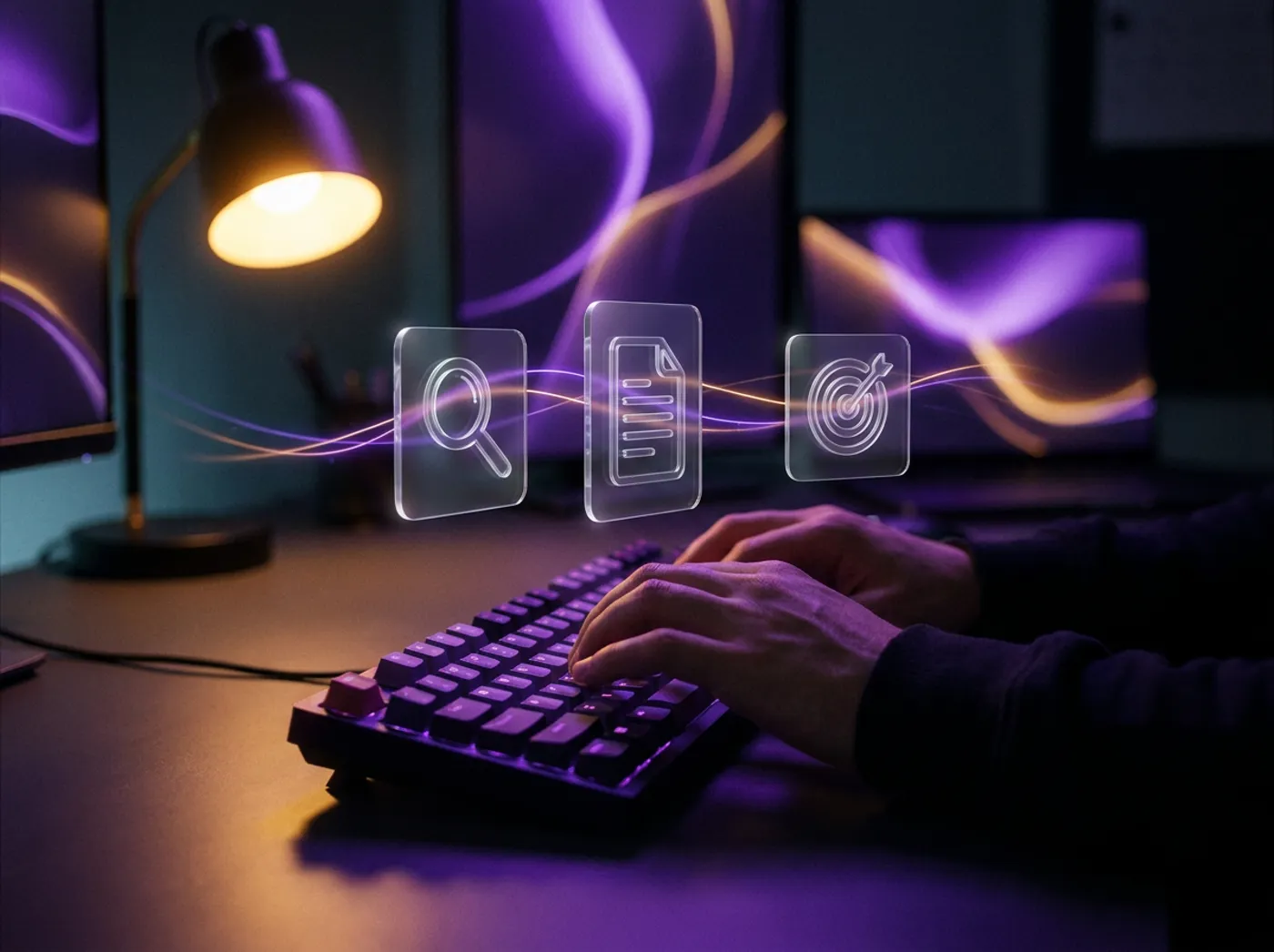 Mãos digitando em teclado com ícones de SEO, Search e conteúdo, representando a estratégia de inbound marketing da Birdclick.